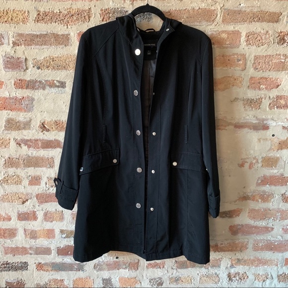 London Fog Long Hooded Raincoat Black Large - Picture 2 of 10